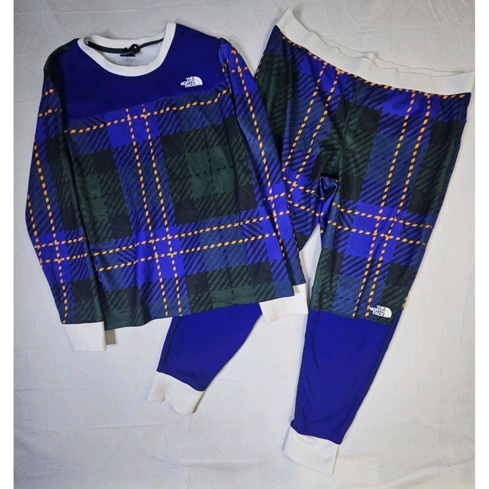 The North Face Shirt & Pants Women Large Blue Plaid Tartan Waffle Base Layer Set